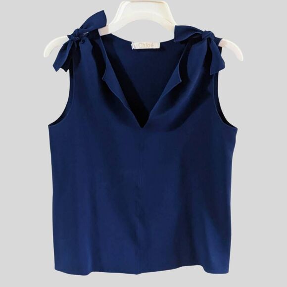 Chloé V-Neck Tie Strap Blouse Women’s Size Small Blue Designer Sleeveless Top - Picture 2 of 13